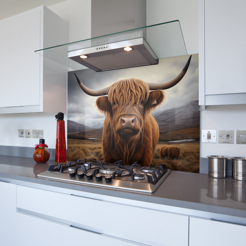 Highland Cow II Toughened Glass Kitchen Splashback - Adhesive Included
