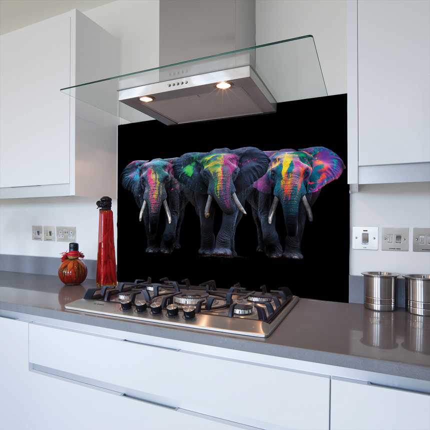 Three Elephants II Toughened Glass Kitchen Splashback - Adhesive Included