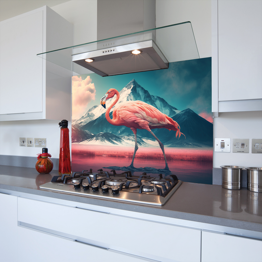 Majestic Flamingo Toughened Glass Kitchen Splashback - Adhesive Included