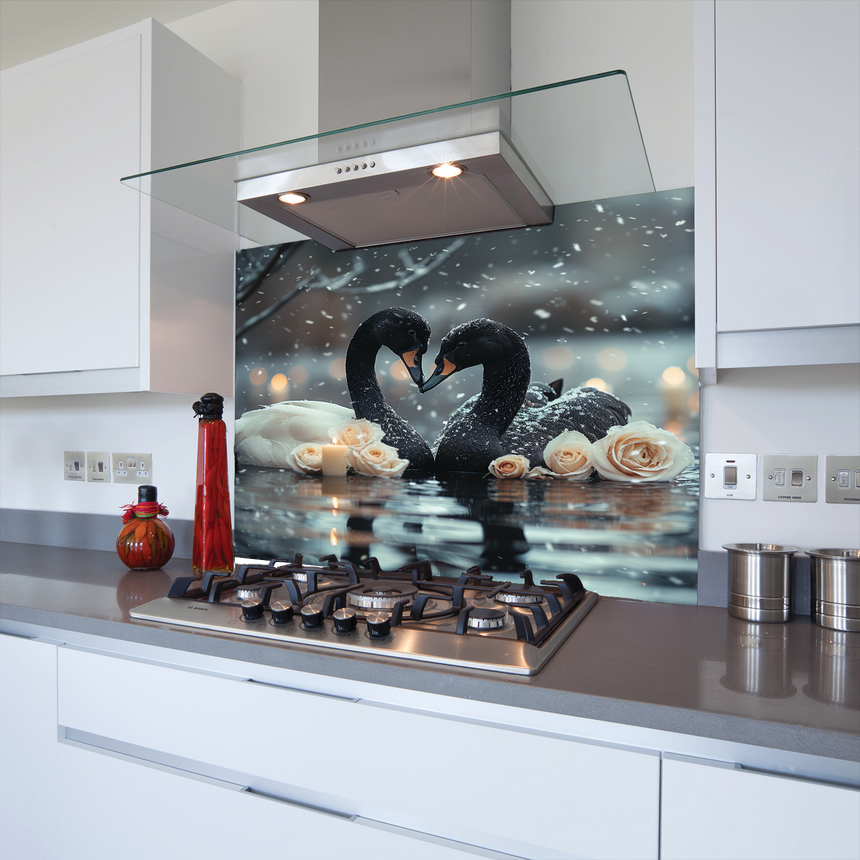 Swans Heart Toughened Glass Kitchen Splashback - Adhesive Included
