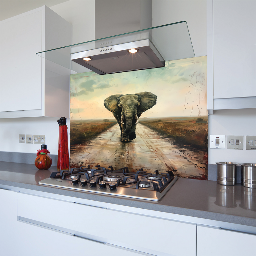 Elephant In The Road Toughened Glass Kitchen Splashback - Adhesive Included