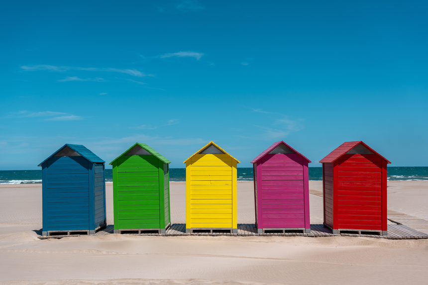 Beach Huts V2 Toughened Glass Kitchen Splashback - Adhesive Included