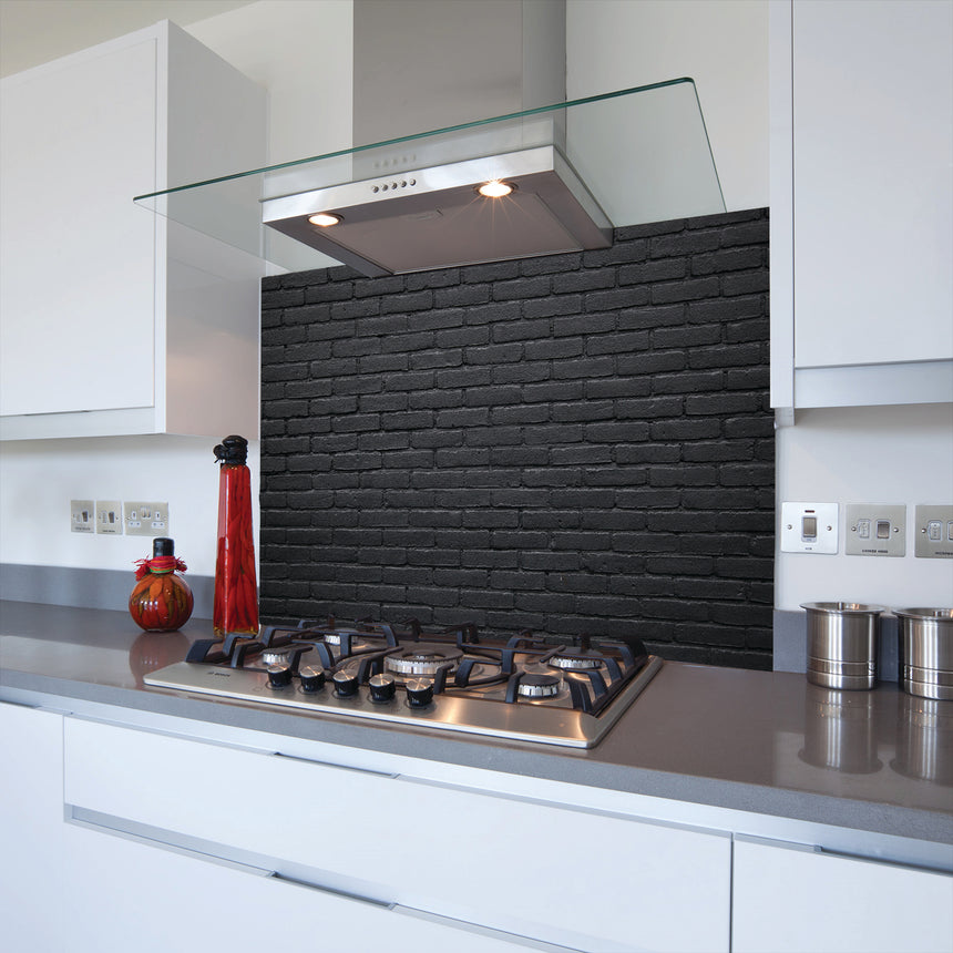 Black Bricks Toughened Glass Kitchen Splashback - Adhesive Included
