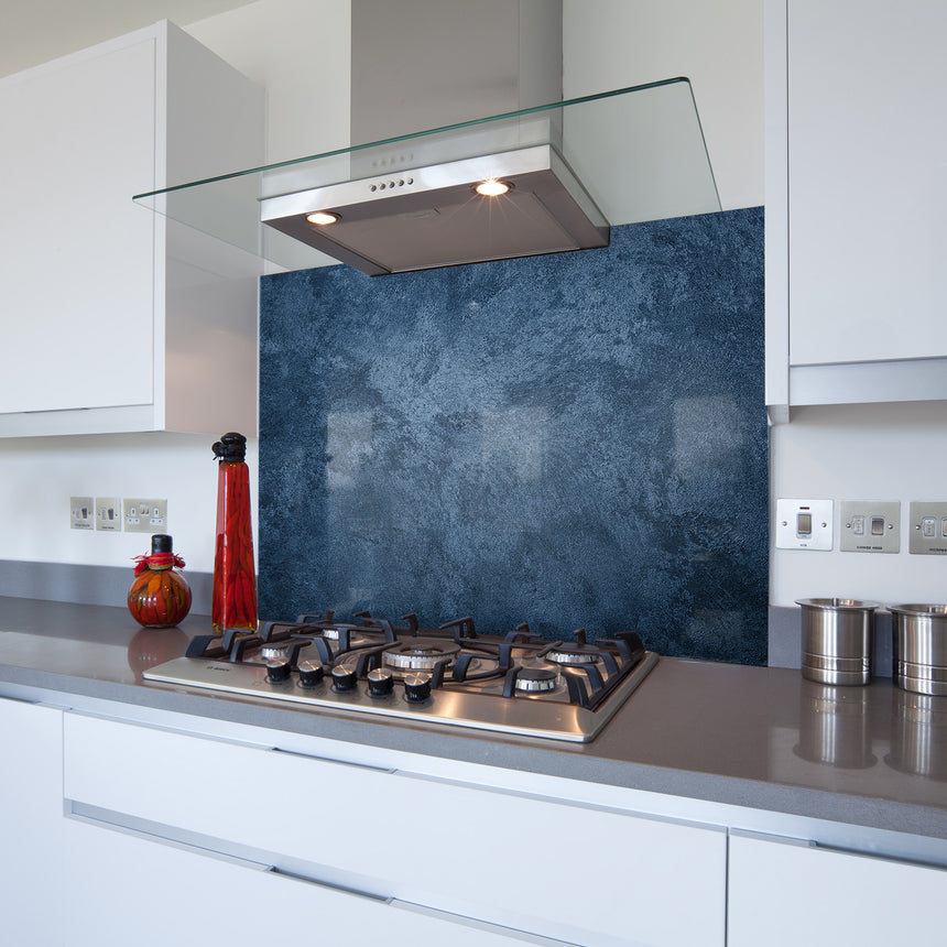 Blue Venetian Plaster Toughened Glass Kitchen Splashback - Adhesive Included