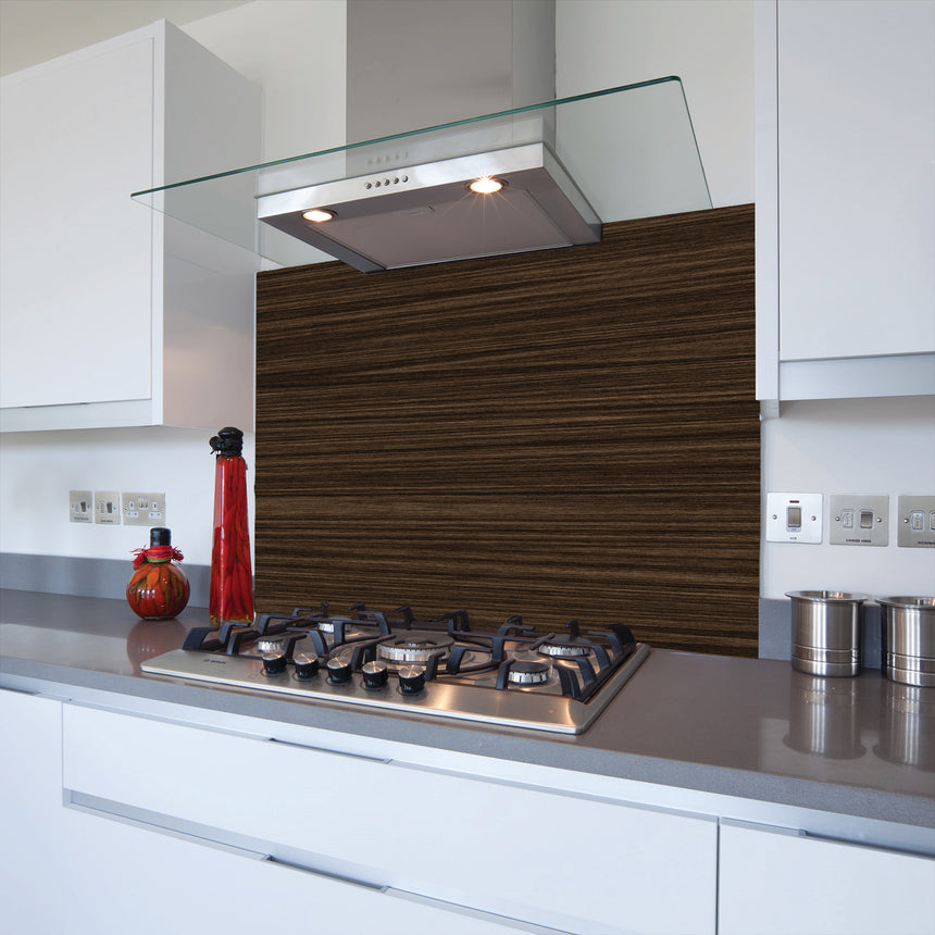 Dark Wood Grain Toughened Glass Kitchen Splashback - Adhesive Included