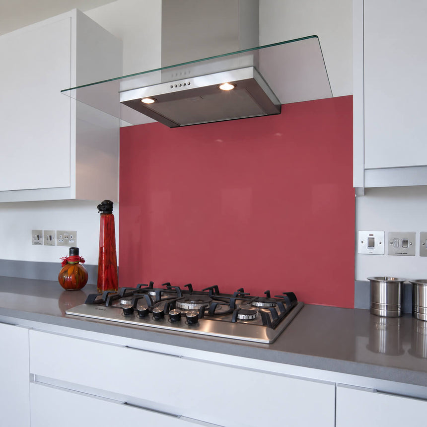 Parish Brick Red Glass Splashback behind kitchen hob