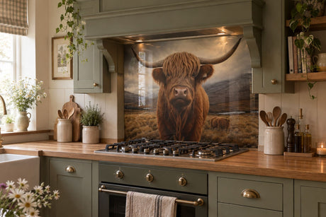 Highland cow splashback in cottage kitchen
