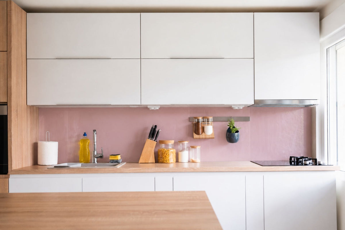 Pink splashback and wooden worktop combination