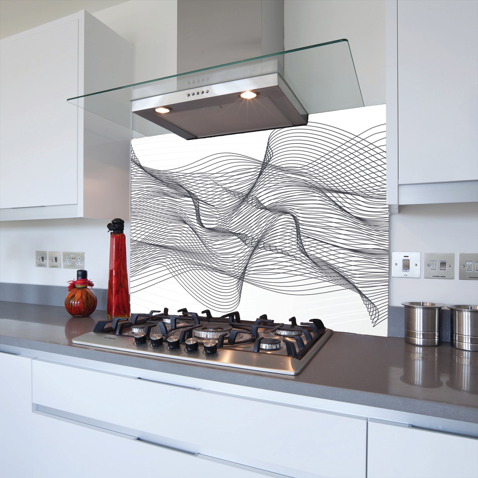 Black Lines Toughened Glass Kitchen Splashback - Adhesive Included