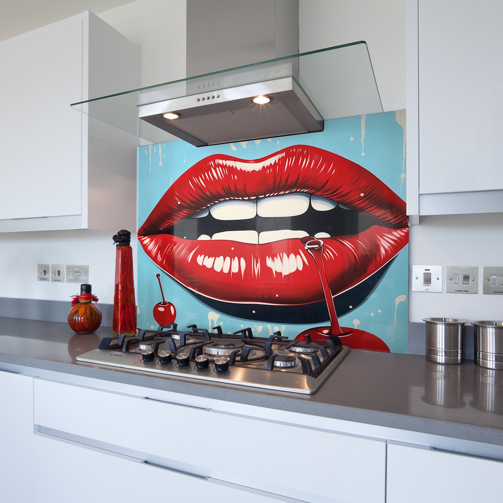 Cherry Red Lips Toughened Glass Kitchen Splashback - Adhesive Included