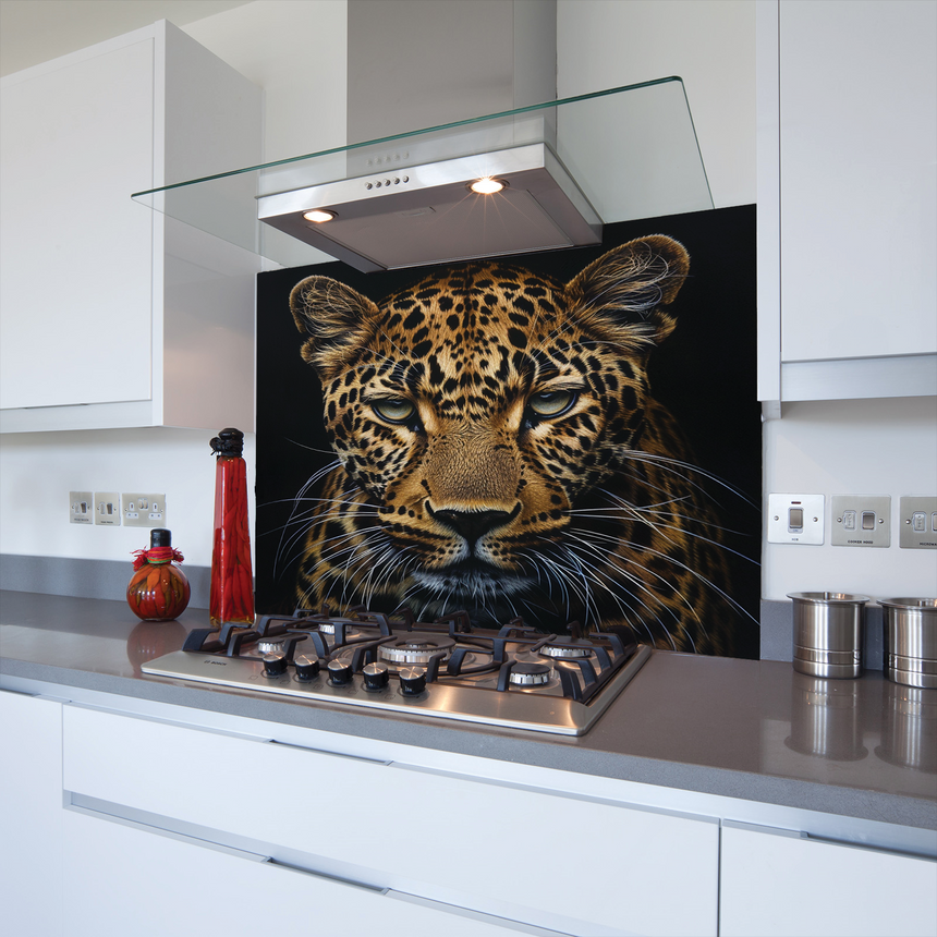 Leopard Head Toughened Glass Kitchen Splashback - Adhesive Included