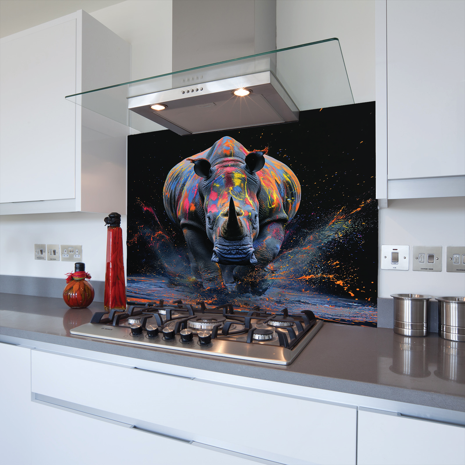 Charging Rhino Toughened Glass Kitchen Splashback - Adhesive Included