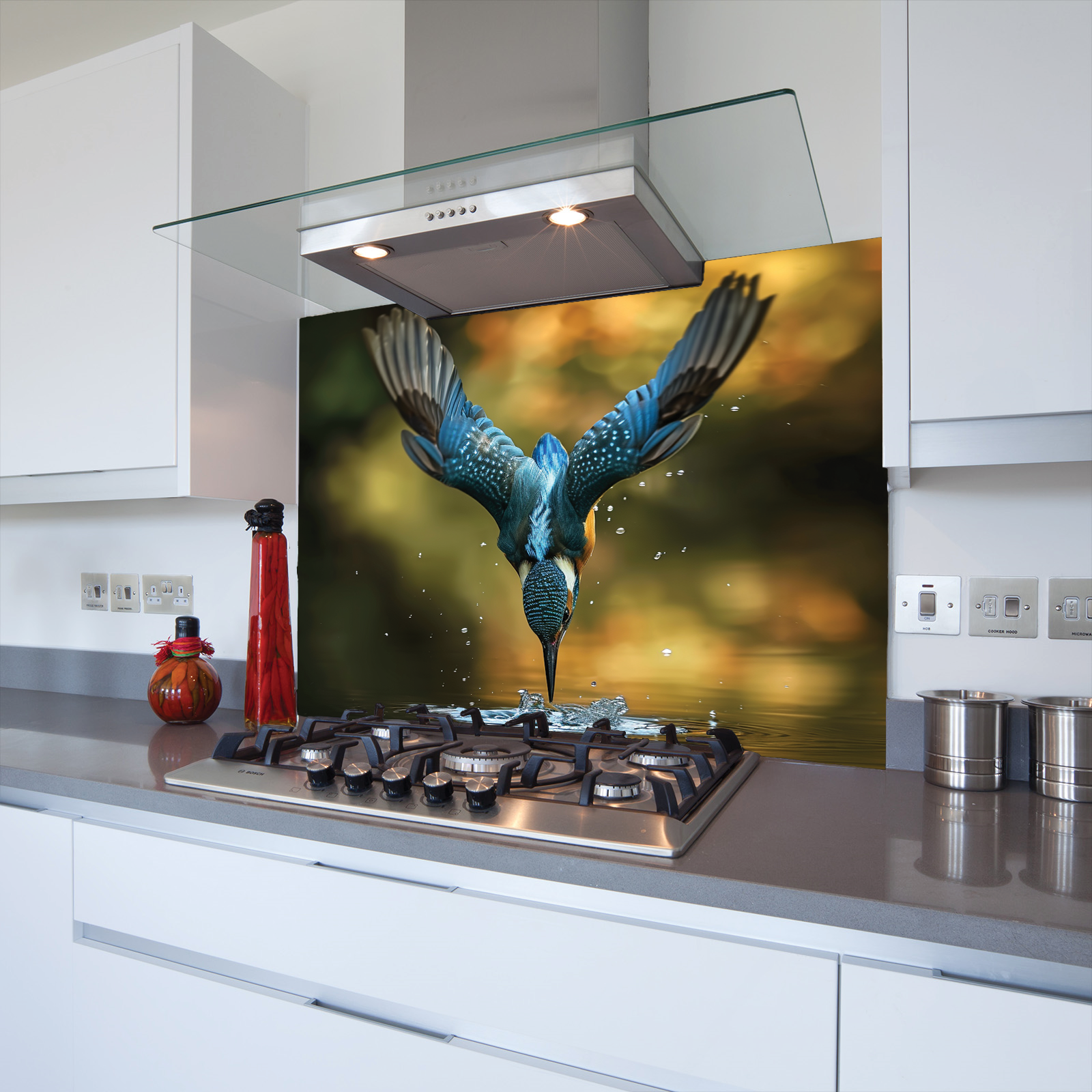 Diving Kingfisher Toughened Glass Kitchen Splashback - Adhesive Included