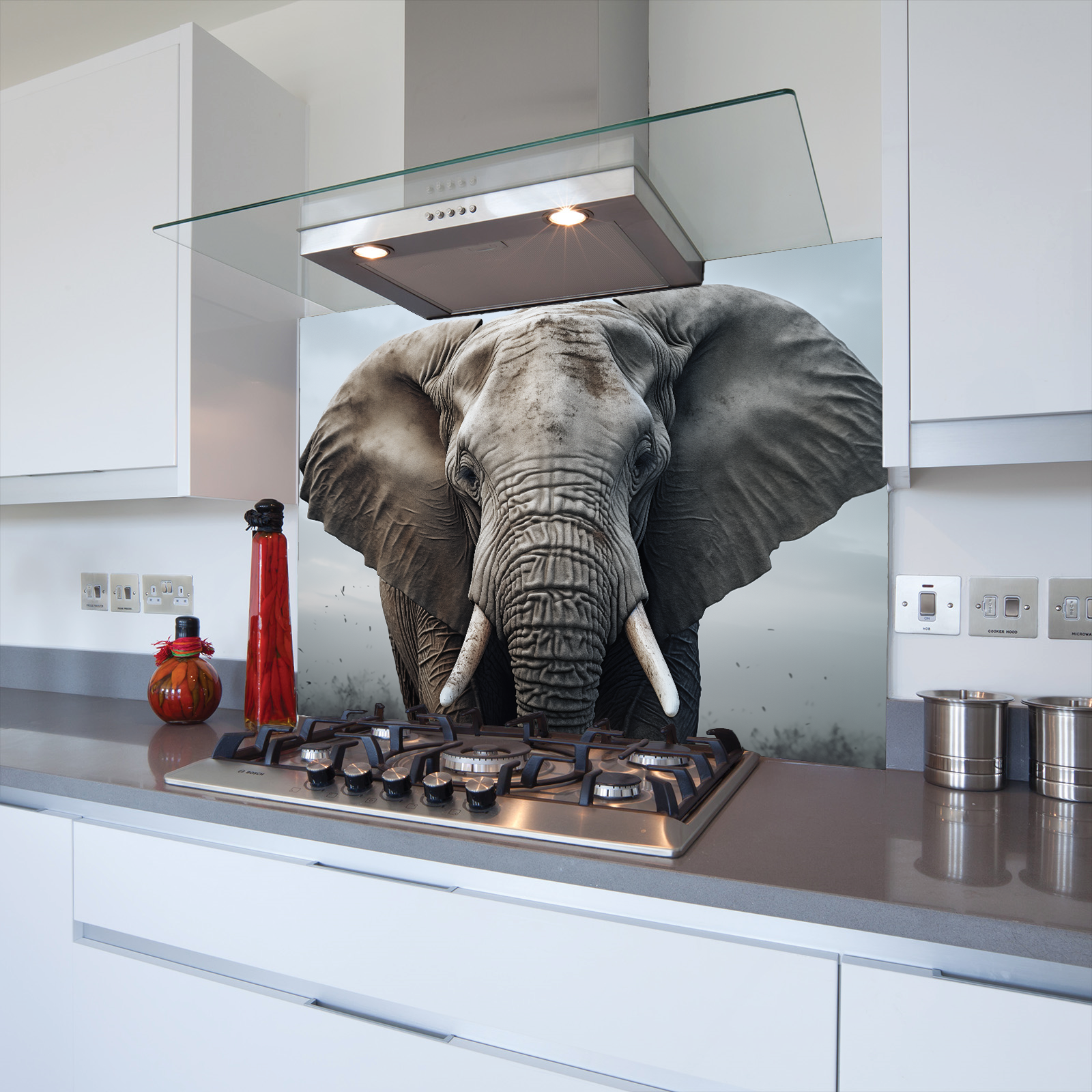 Elephant Head Toughened Glass Kitchen Splashback - Adhesive Included
