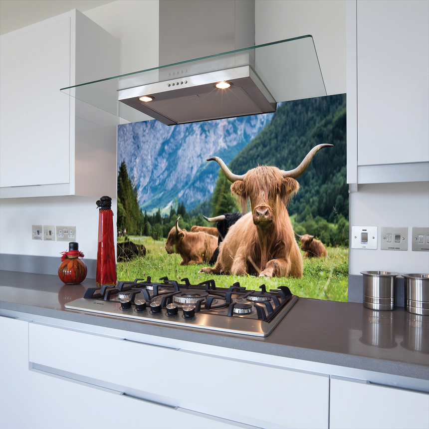 Cows in Mountains Toughened Glass Kitchen Splashback - Adhesive Included
