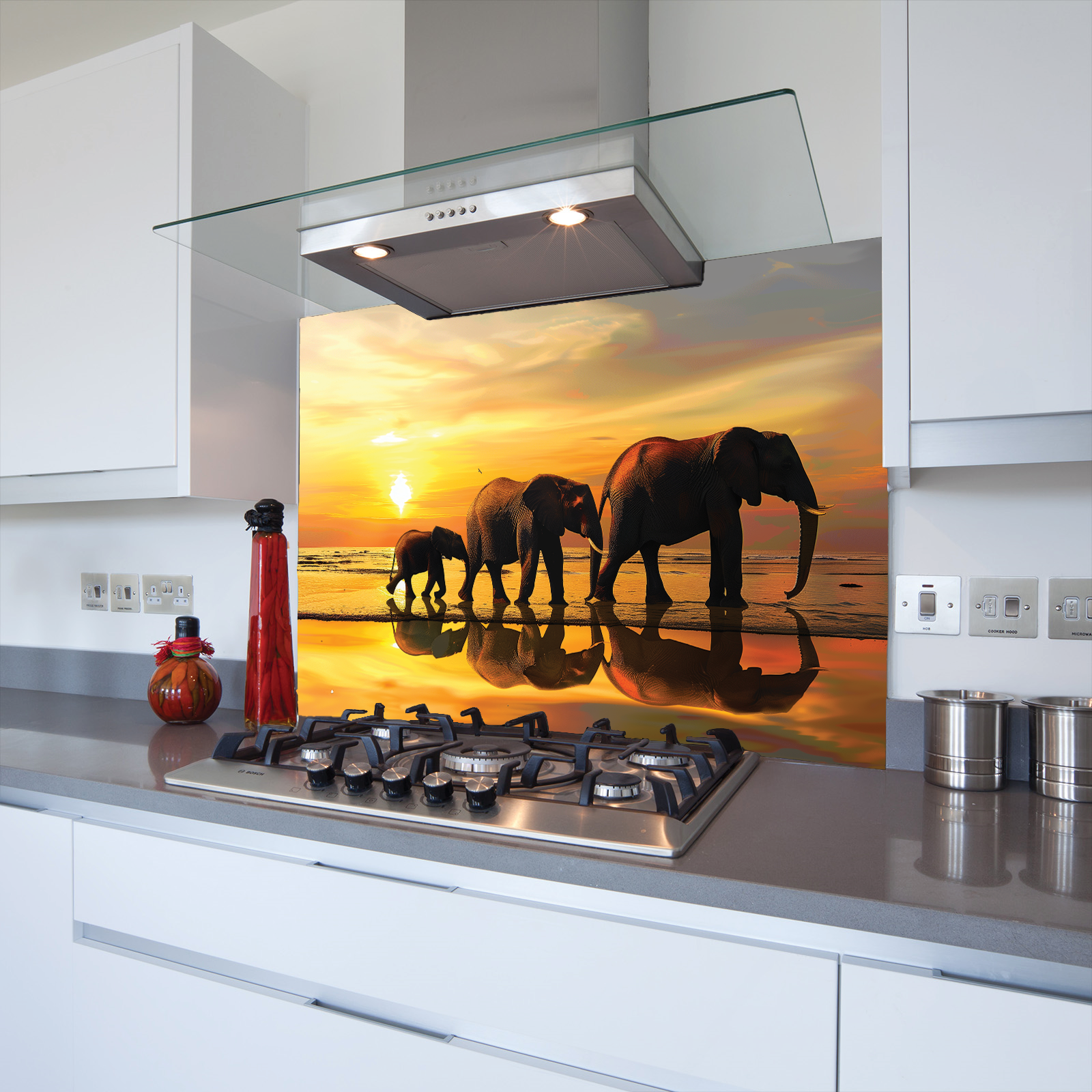 Elephants in the Sunset Toughened Glass Kitchen Splashback - Adhesive Included