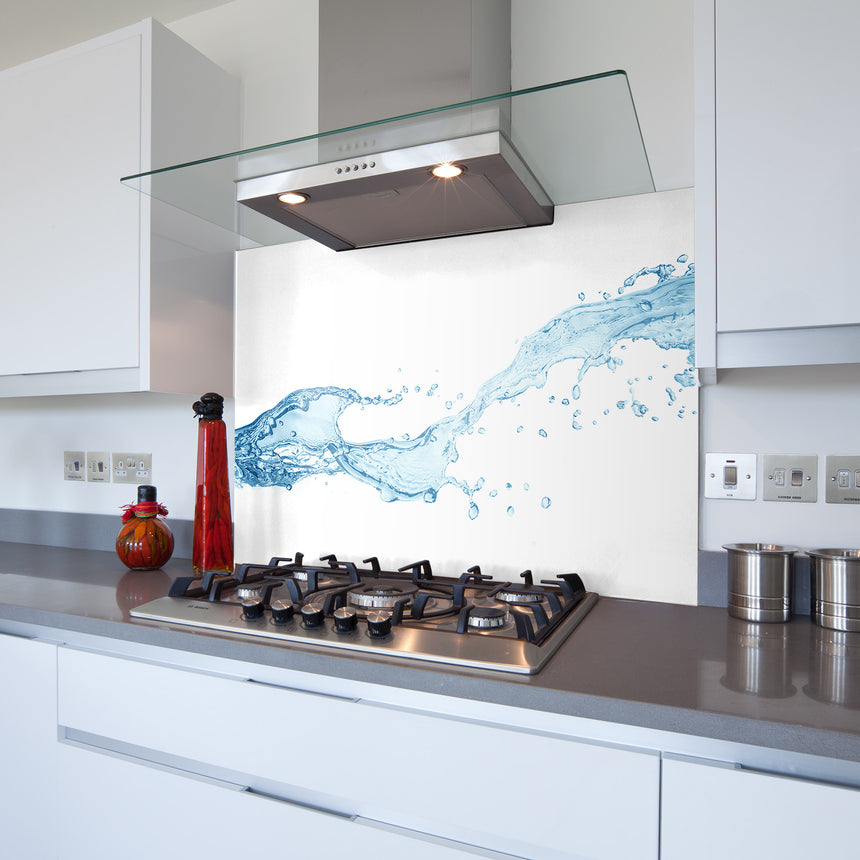 Water Splash Toughened Glass Kitchen Splashback - Adhesive Included