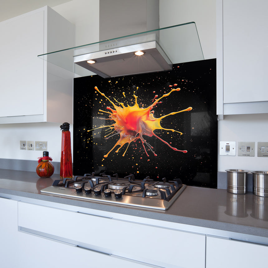Orange Paint Splat Toughened Glass Kitchen Splashback - Adhesive Included