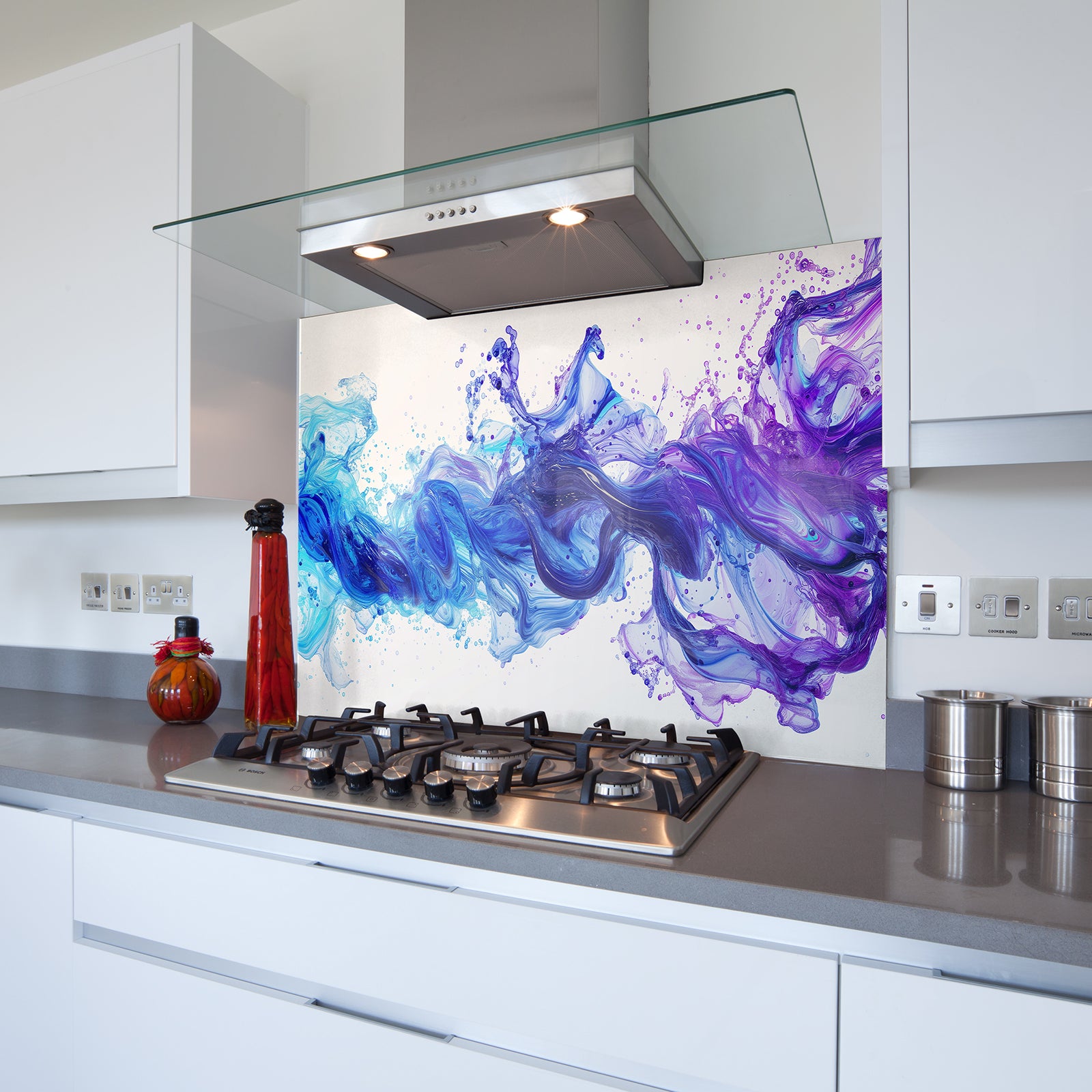Blue & Purple Ink Splash Toughened Glass Kitchen Splashback - Adhesive Included