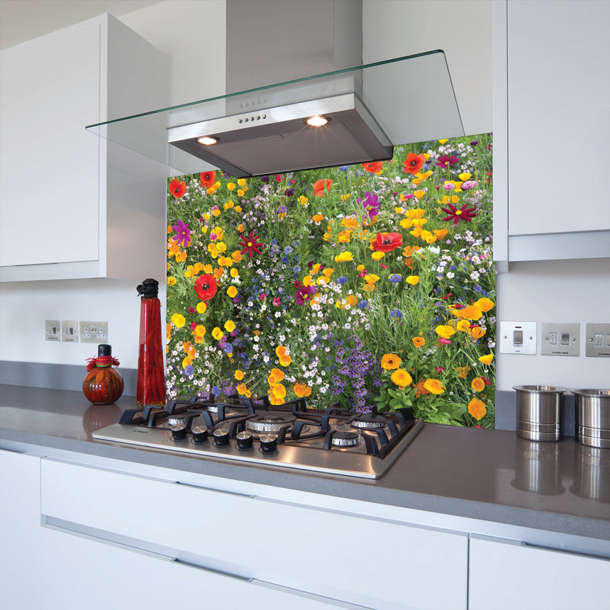 Meadow Flower Field Toughened Glass Kitchen Splashback - Adhesive Included