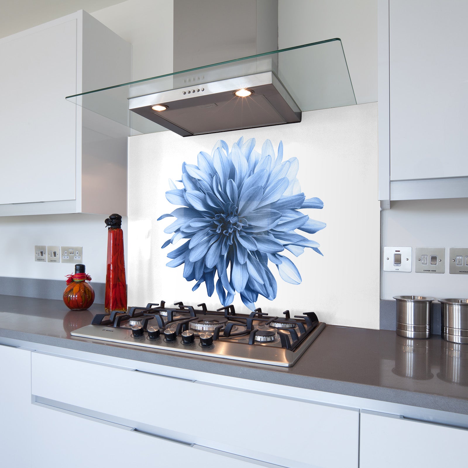 Blue Flowerhead Toughened Glass Kitchen Splashback - Adhesive Included