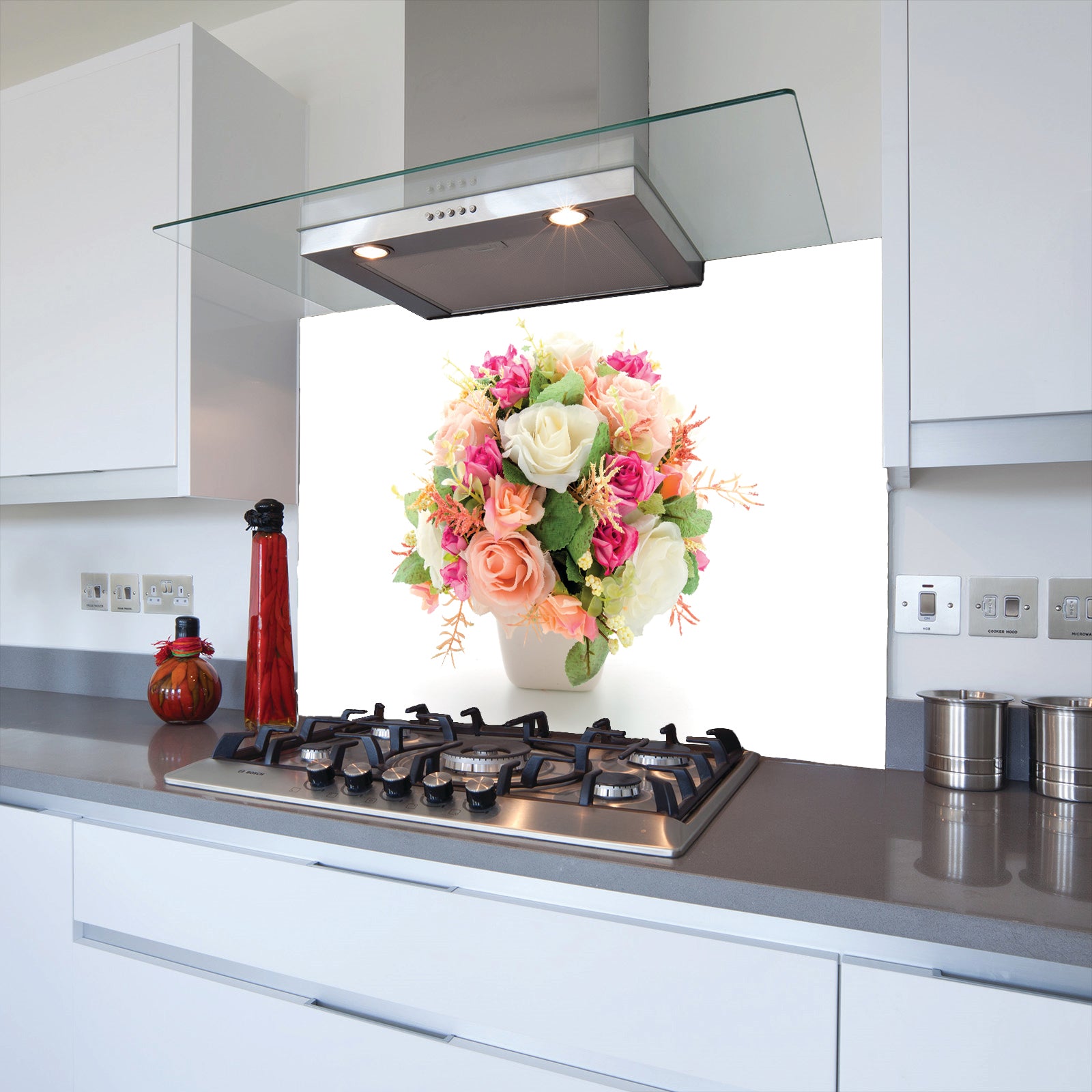 Flower Pot Toughened Glass Kitchen Splashback - Adhesive Included
