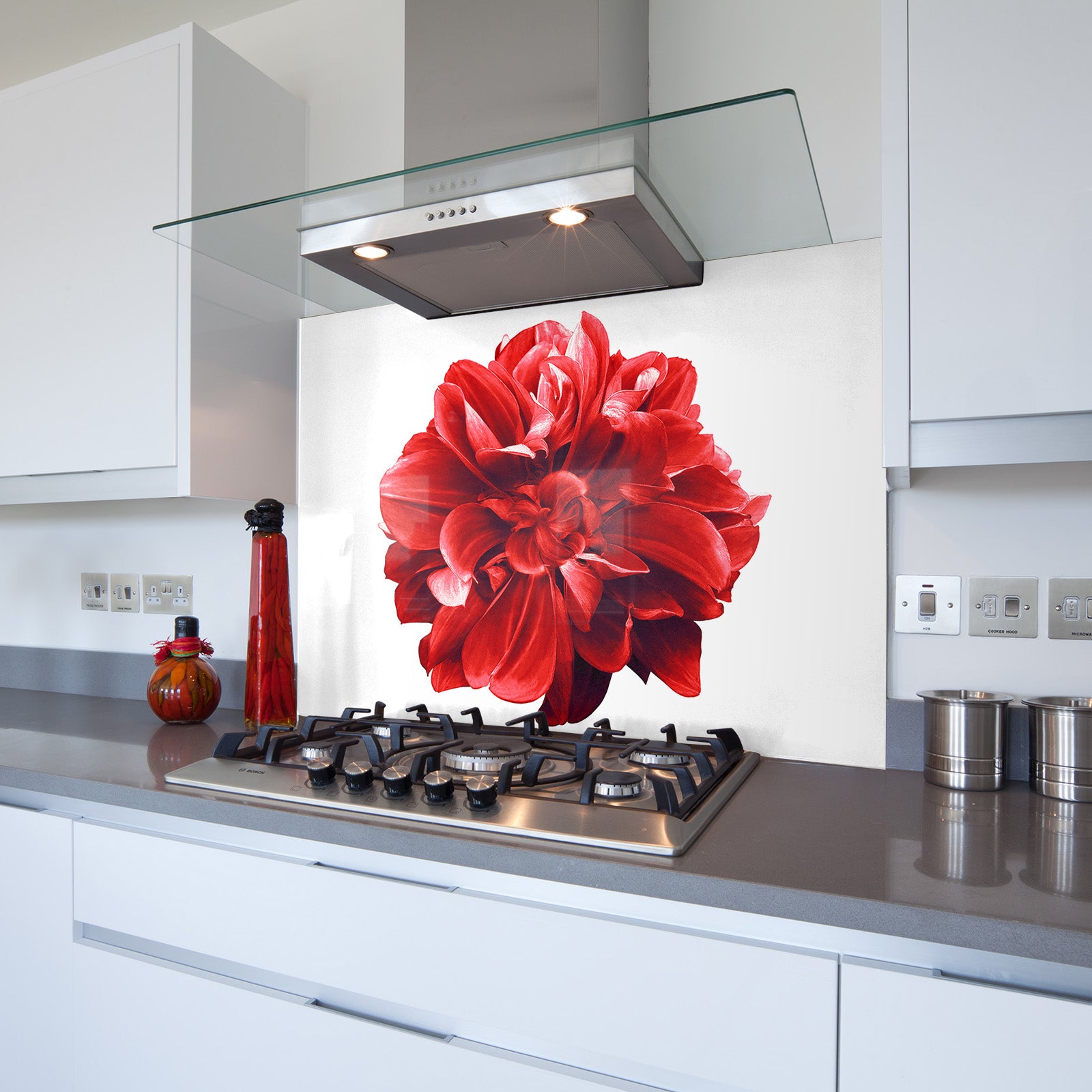 Red Flowerhead Toughened Glass Kitchen Splashback - Adhesive Included
