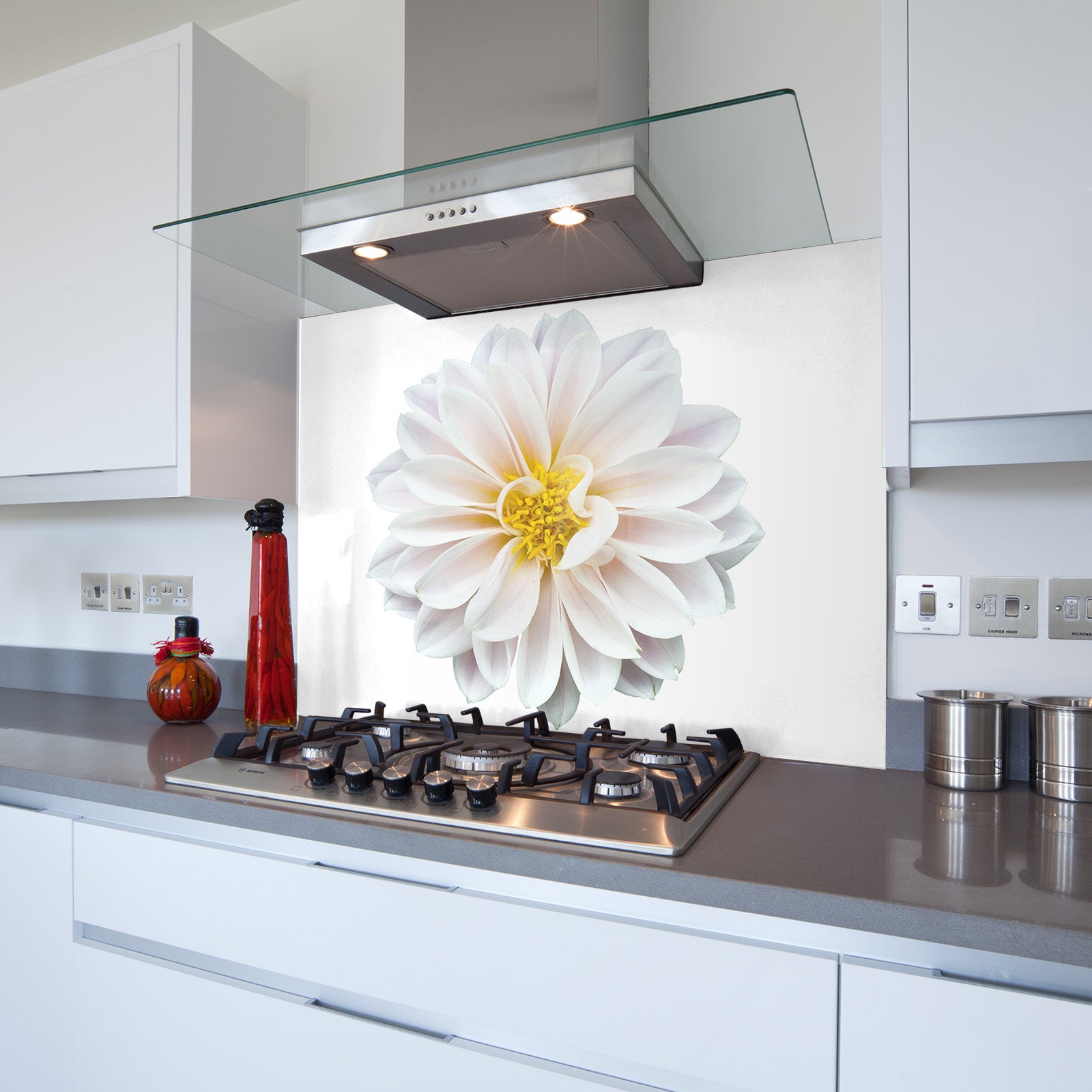 White Flowerhead Toughened Glass Kitchen Splashback - Adhesive Included