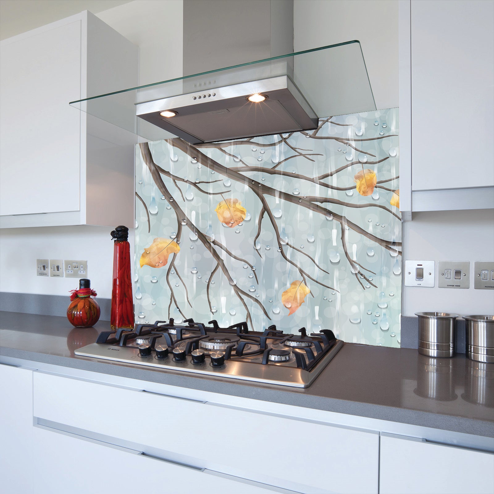 Rainy Tree Toughened Glass Kitchen Splashback - Adhesive Included