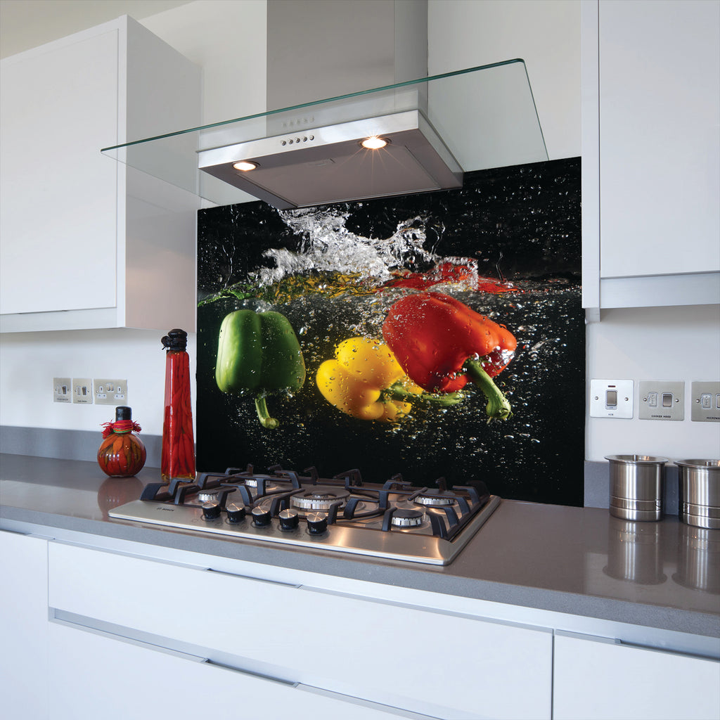 3 Peppers Toughened Glass Kitchen Splashback - Adhesive Included