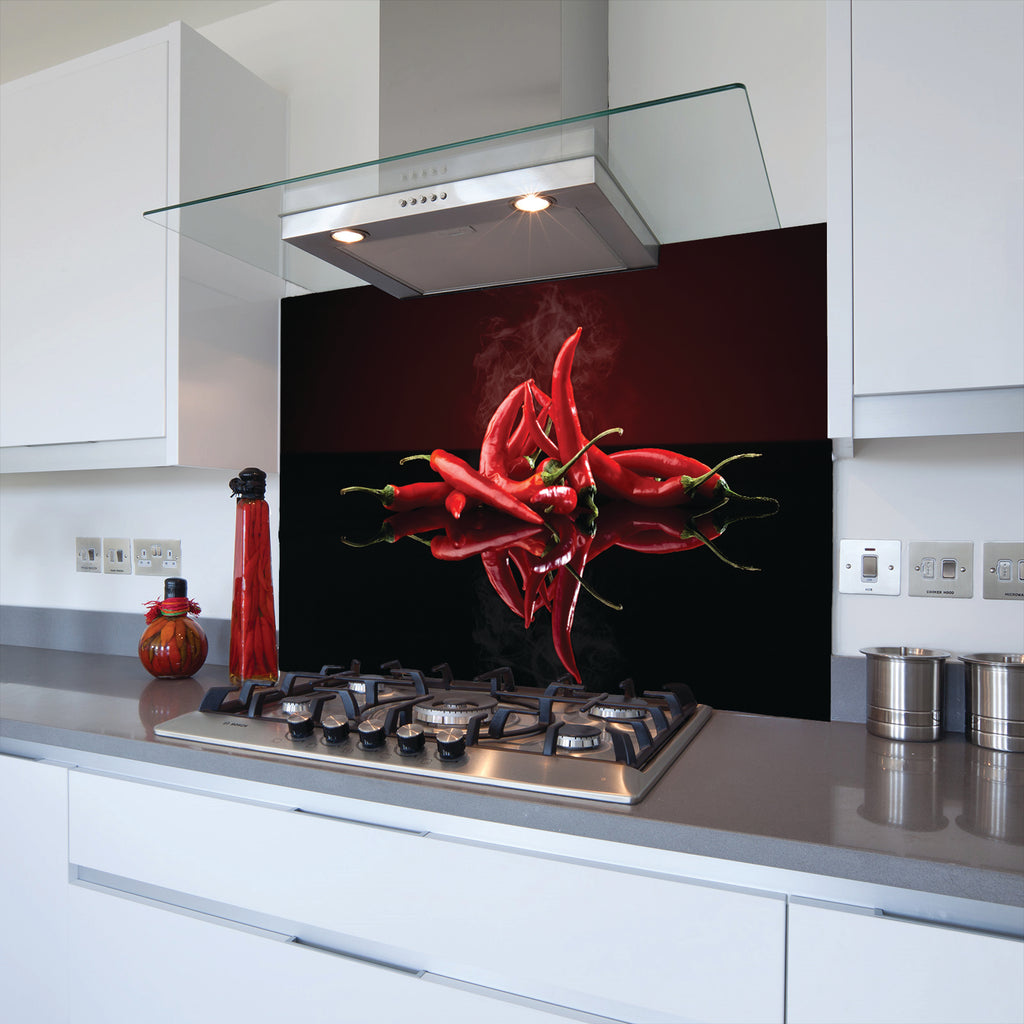 8 Chillies Toughened Glass Kitchen Splashback - Adhesive Included