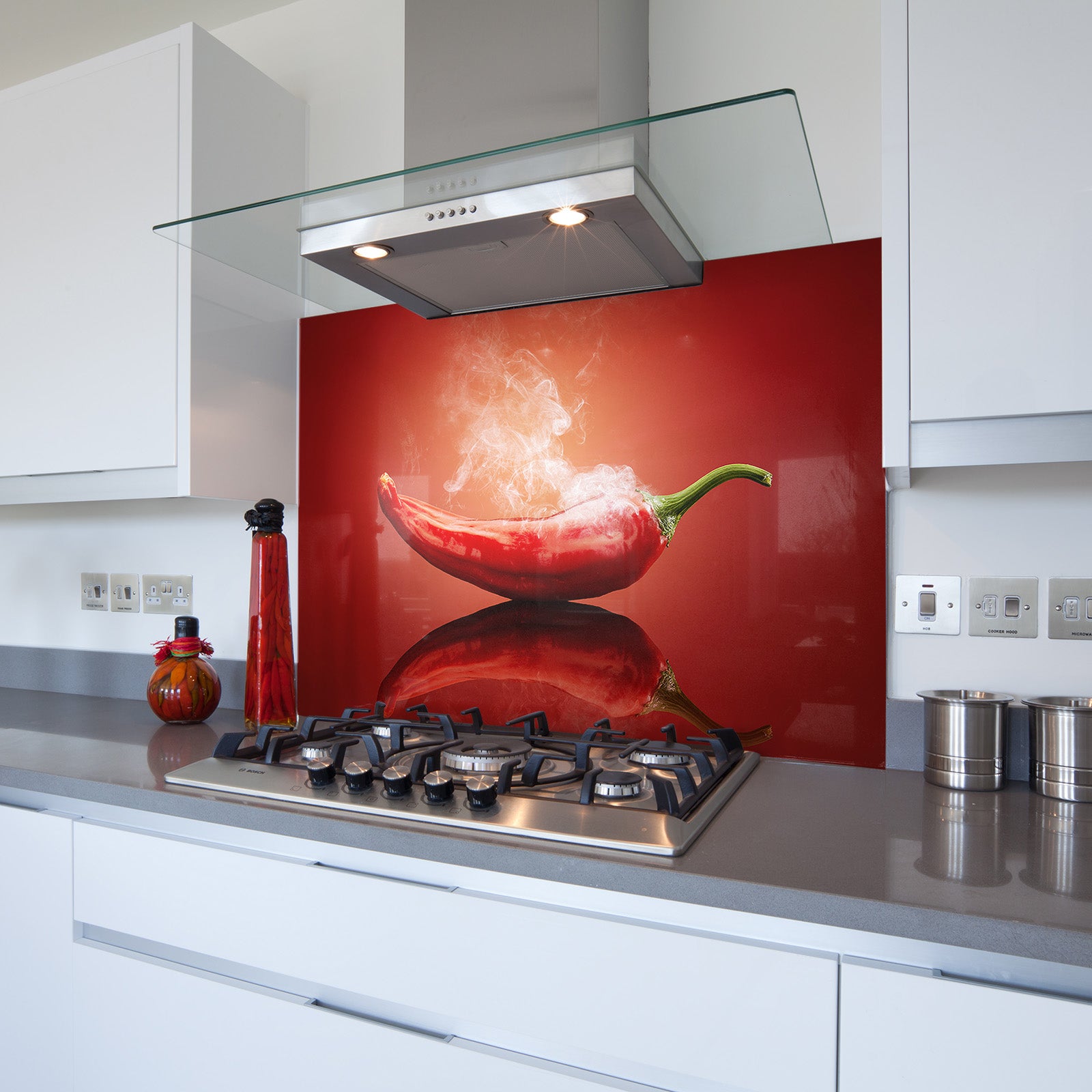 Simmering Chilli Toughened Glass Kitchen Splashback - Adhesive Included