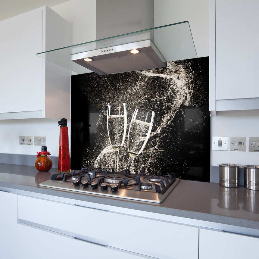 2 Champagne Glasses Toughened Glass Kitchen Splashback - Adhesive Included