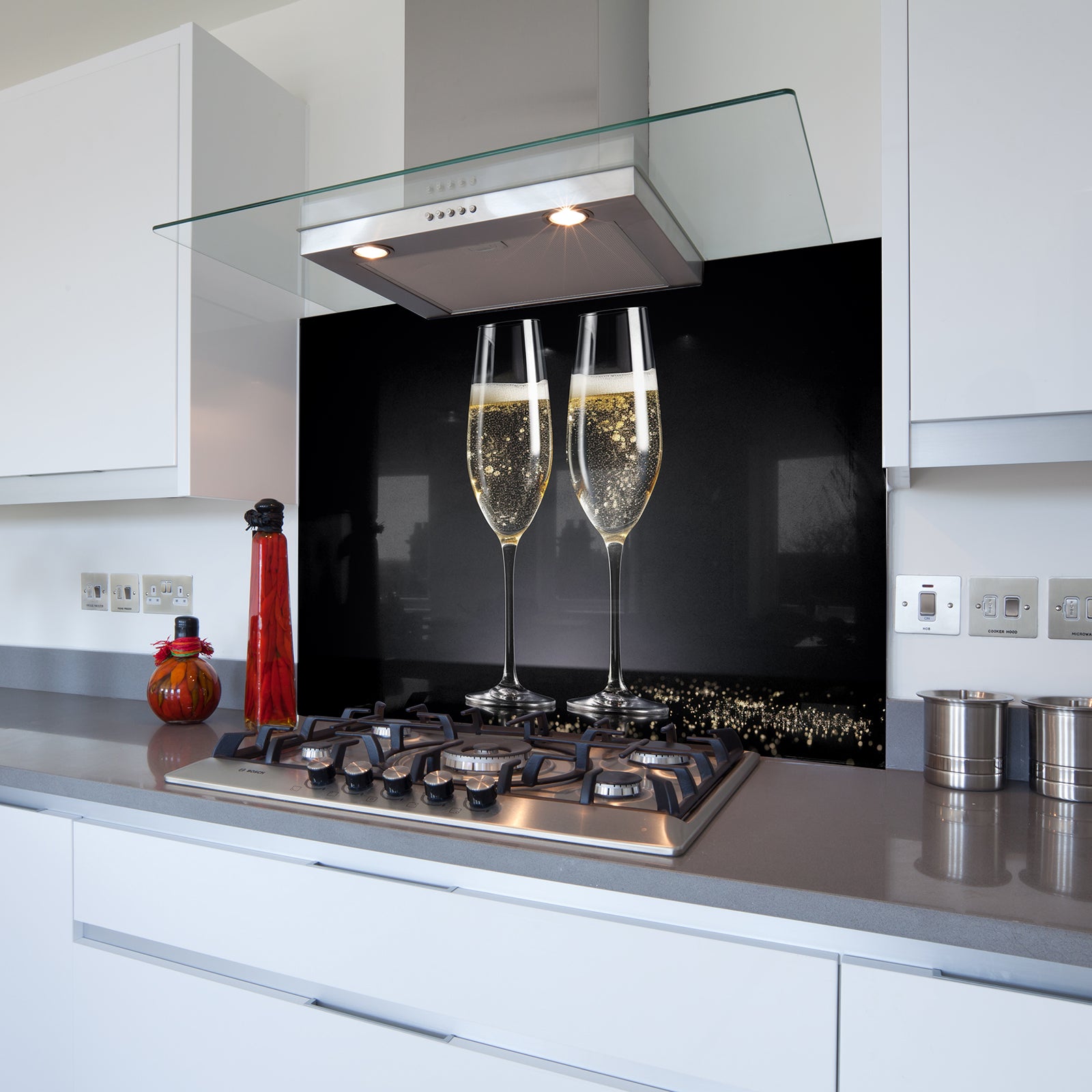 Champagne Flutes Toughened Glass Kitchen Splashback - Adhesive Included