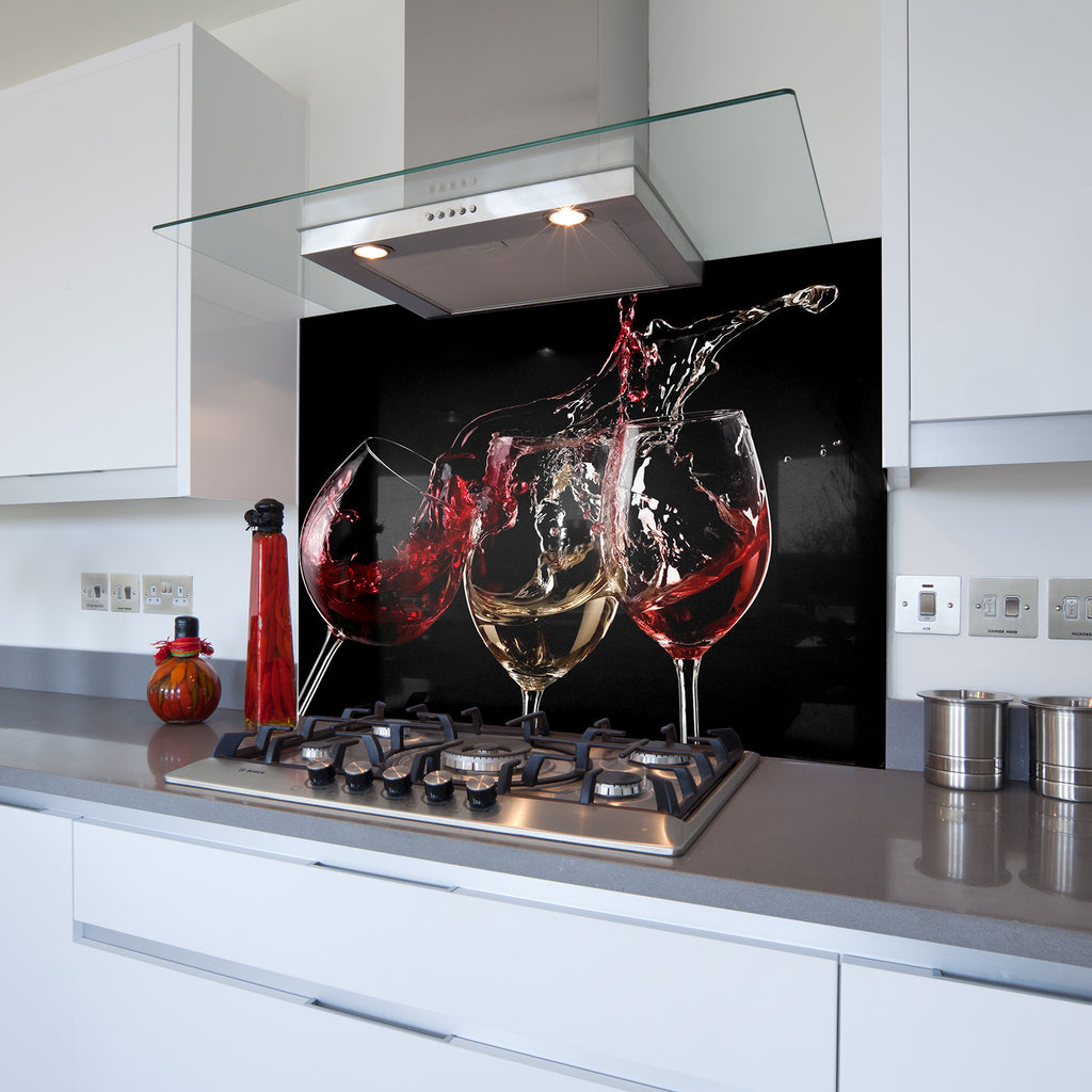 3 Wine Glasses Toughened Glass Kitchen Splashback - Adhesive Included