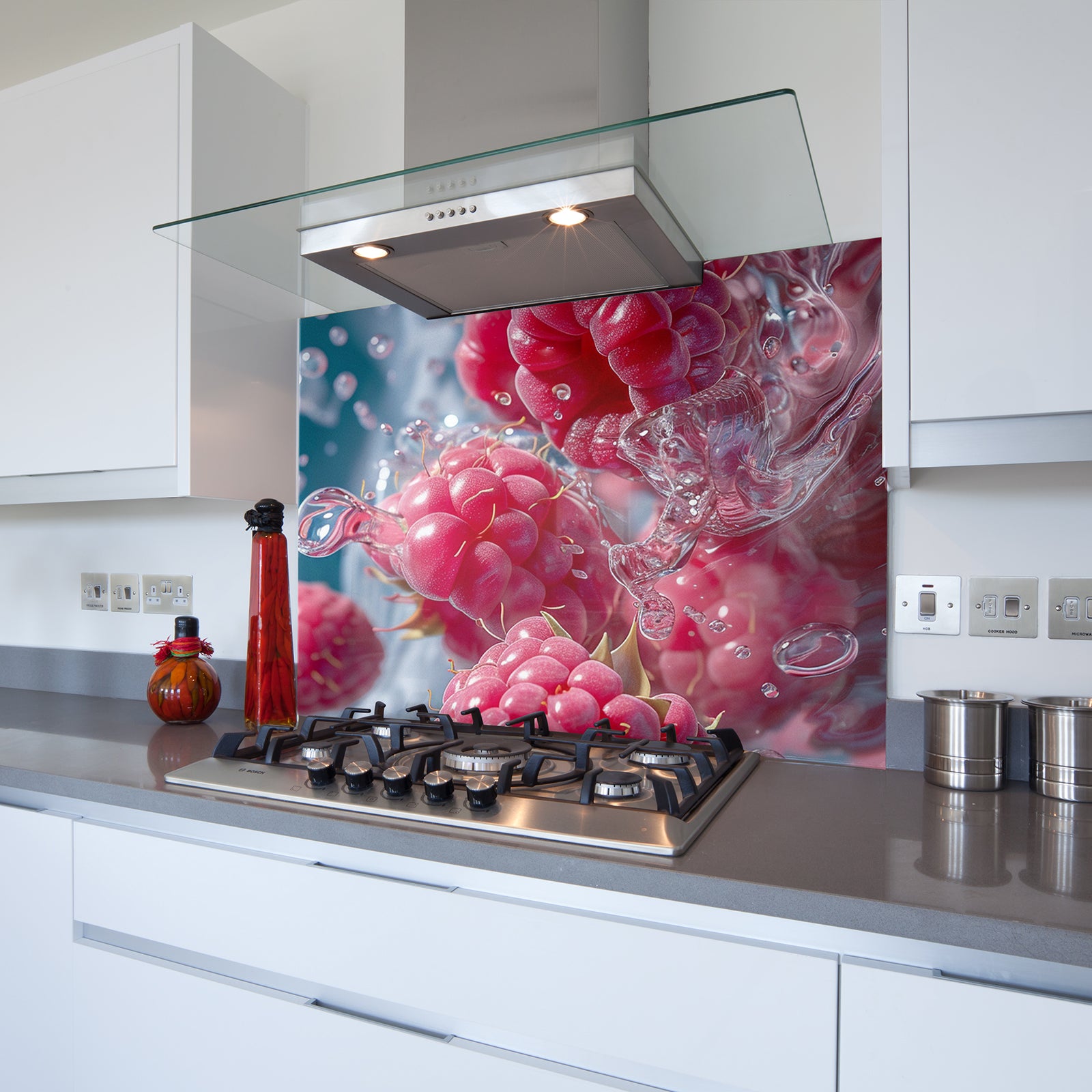 Raspberries Toughened Glass Kitchen Splashback - Adhesive Included