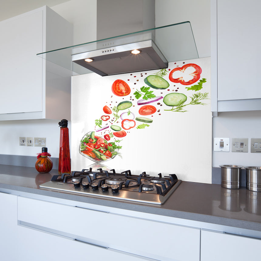 Flying Salad Toughened Glass Kitchen Splashback - Adhesive Included