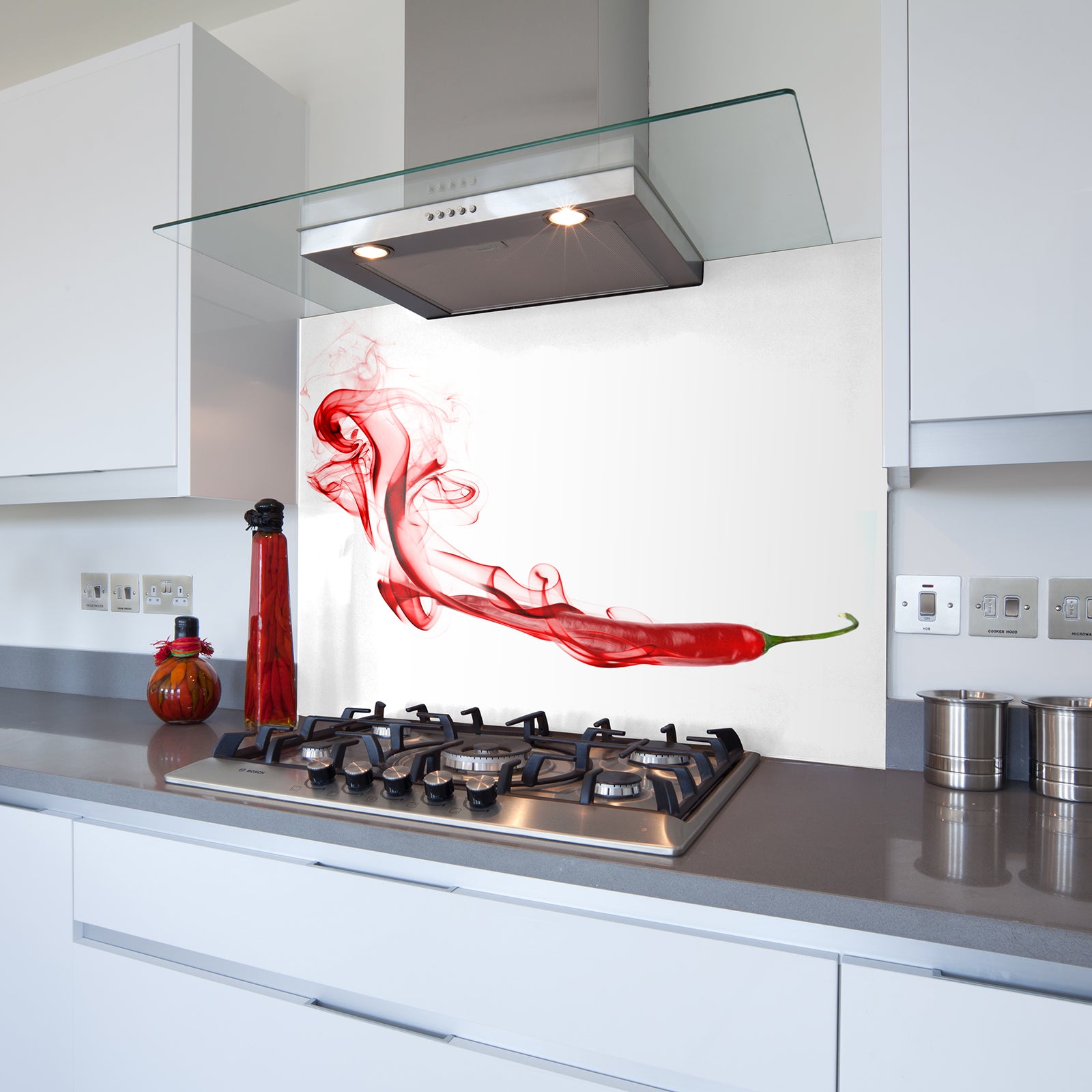Flowing Chilli Toughened Glass Kitchen Splashback - Adhesive Included