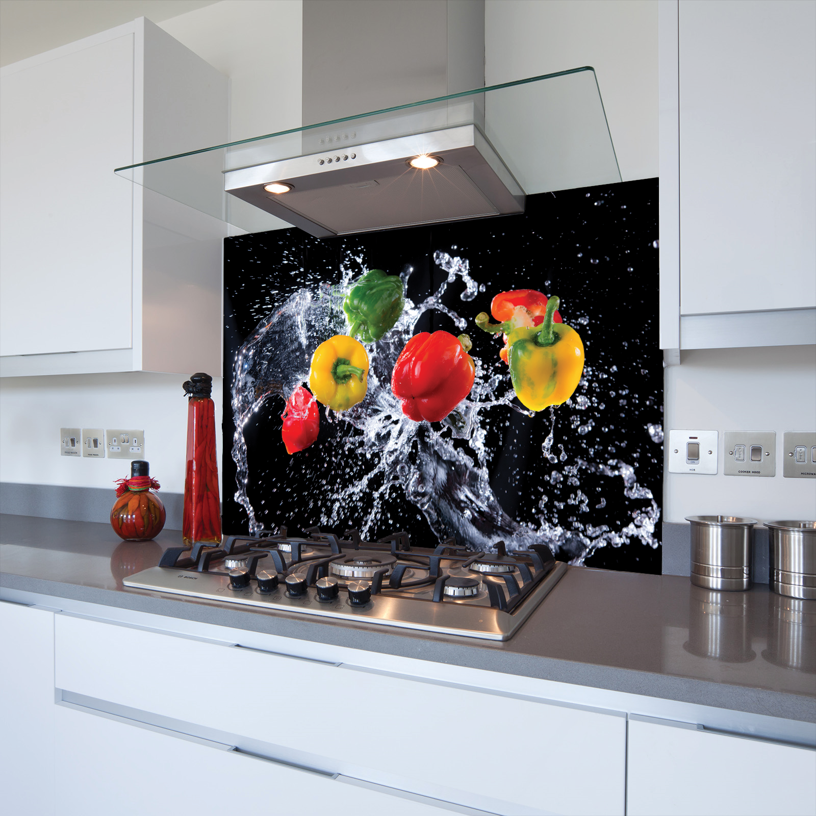 6 Peppers Toughened Glass Kitchen Splashback - Adhesive Included