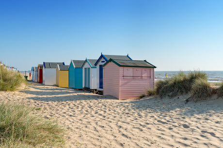 Beach Huts Toughened Glass Kitchen Splashback - Adhesive Included