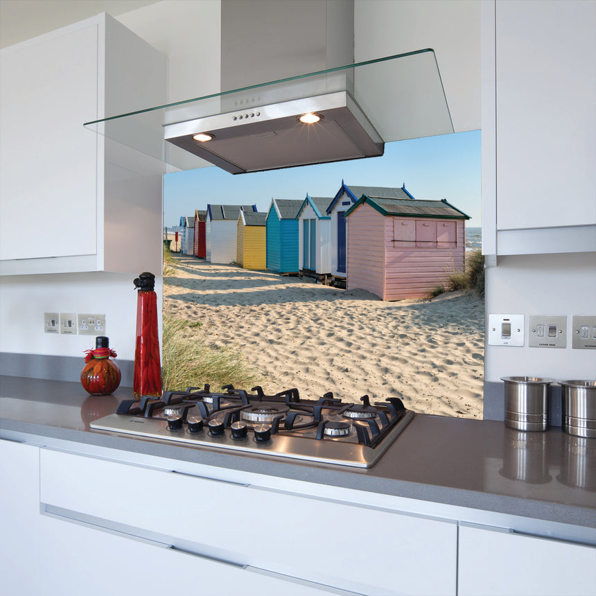 Beach Huts Toughened Glass Kitchen Splashback - Adhesive Included