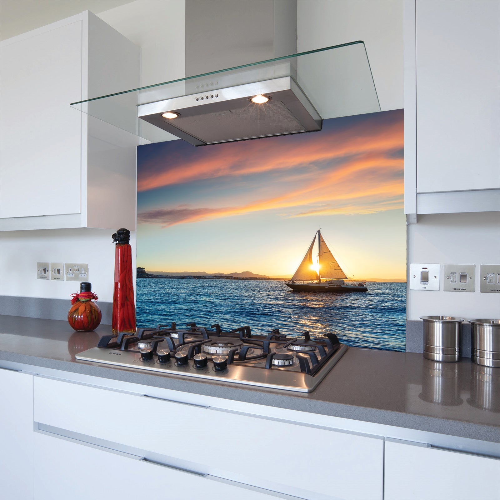 Yacht in Sunset Toughened Glass Kitchen Splashback - Adhesive Included