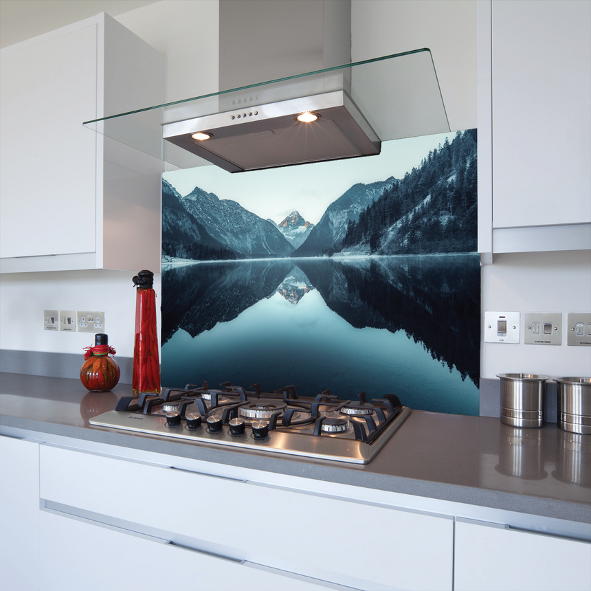 Lake & Mountains Toughened Glass Kitchen Splashback - Adhesive Included
