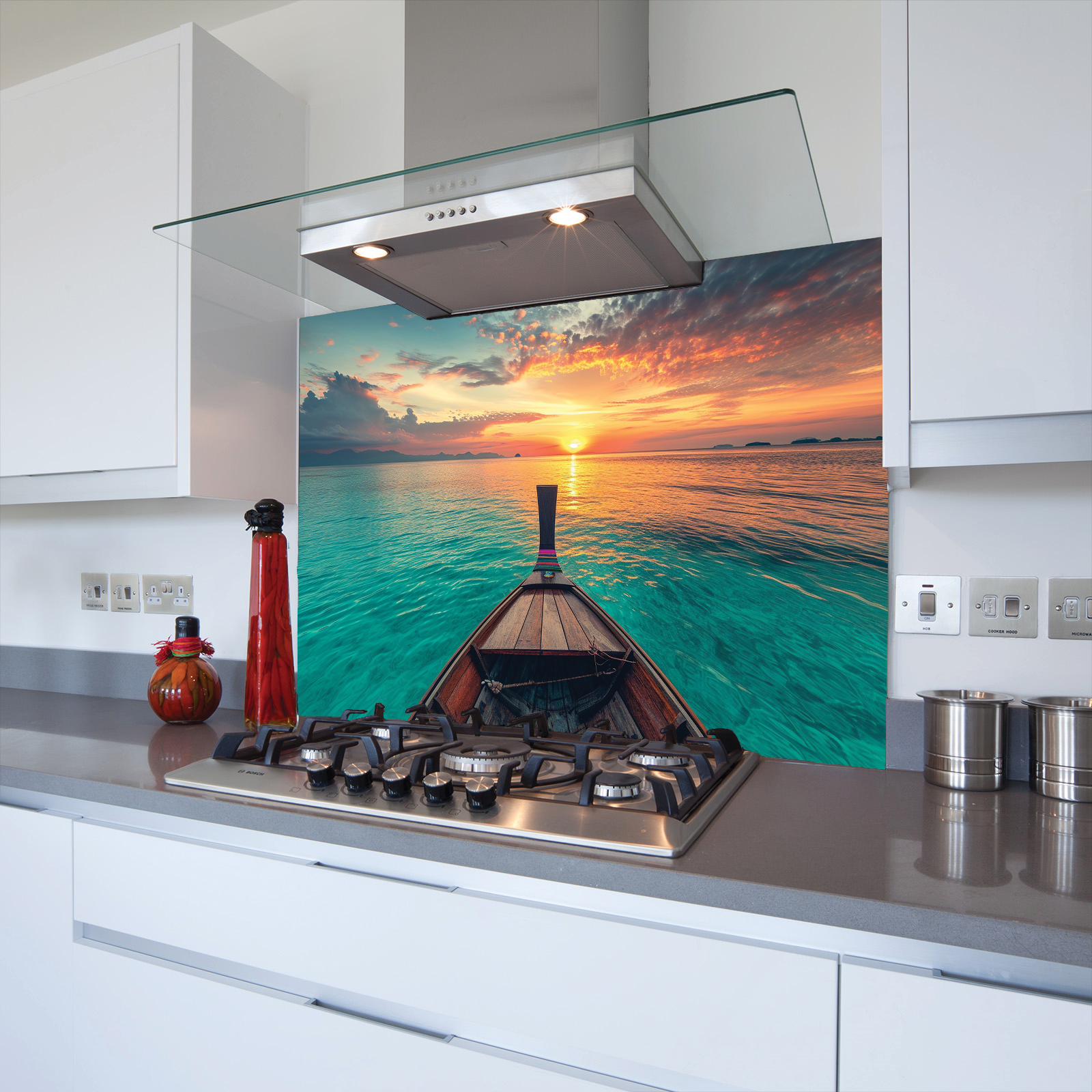 Boat in the Ocean Toughened Glass Kitchen Splashback - Adhesive Included