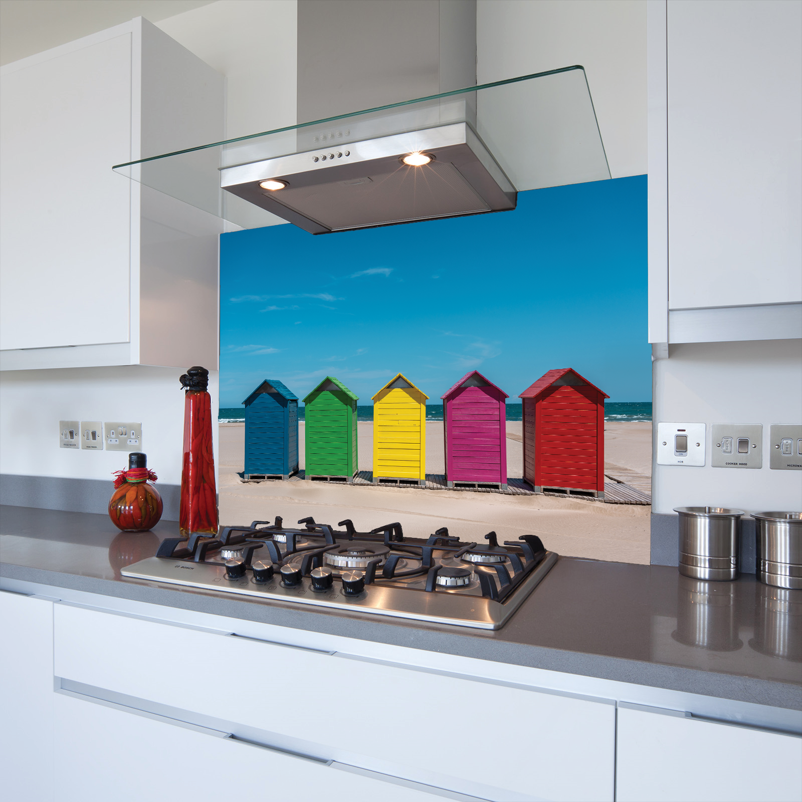 Beach Huts V2 Toughened Glass Kitchen Splashback - Adhesive Included