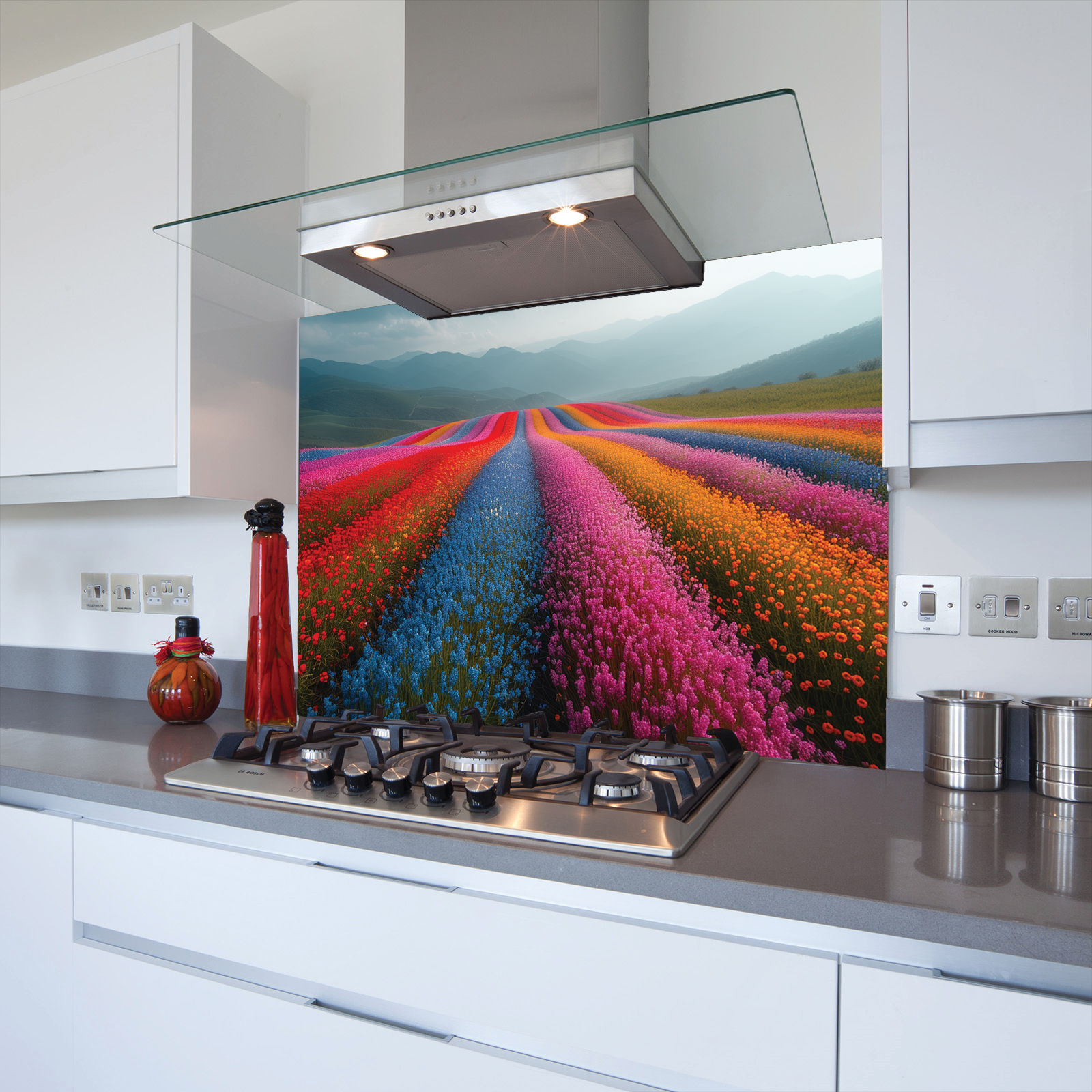 Coloured Flower Field Toughened Glass Kitchen Splashback - Adhesive Included