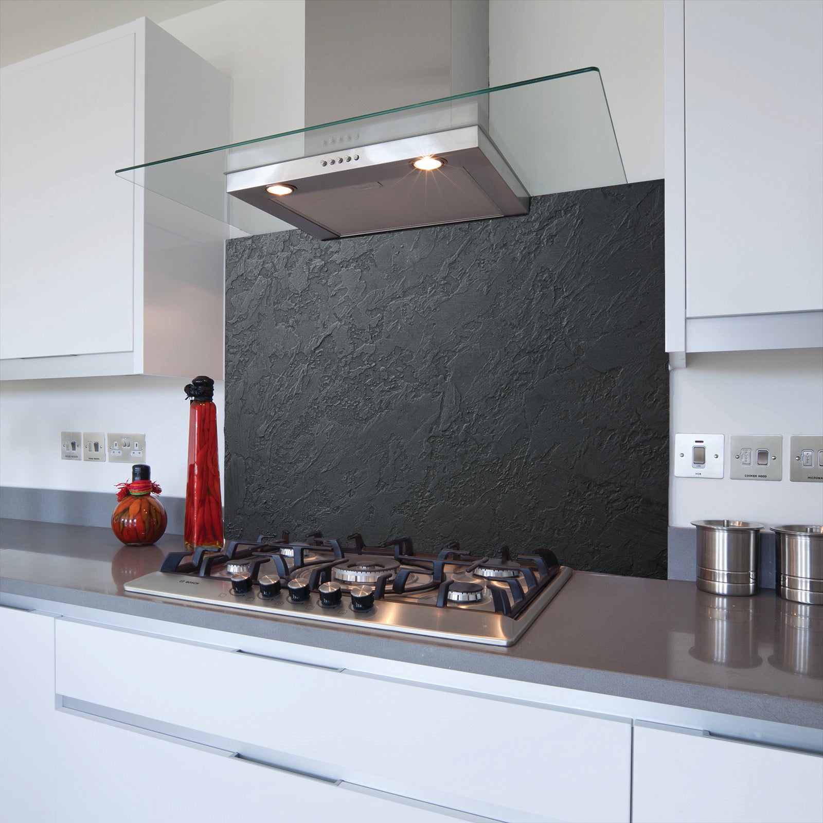 Black Venetian Plaster Toughened Glass Kitchen Splashback - Adhesive Included