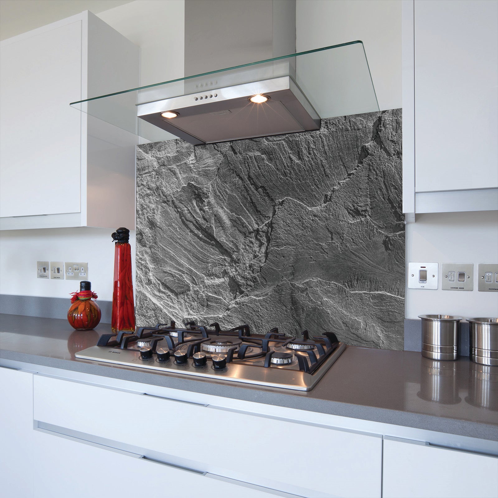 Grey Stone Toughened Glass Kitchen Splashback - Adhesive Included