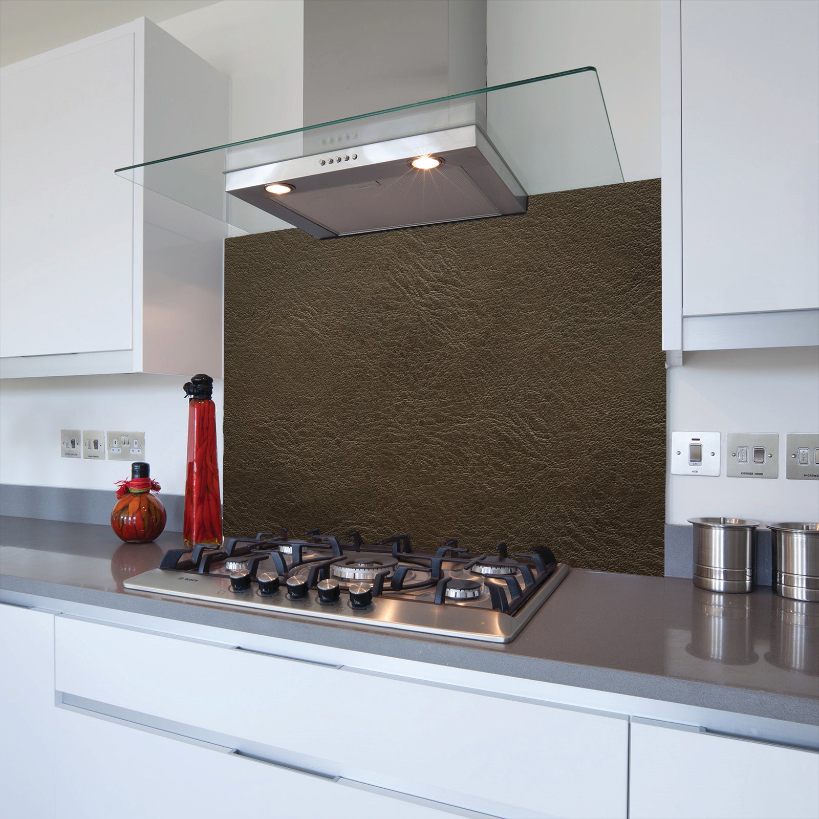 Dark Leather Toughened Glass Kitchen Splashback - Adhesive Included