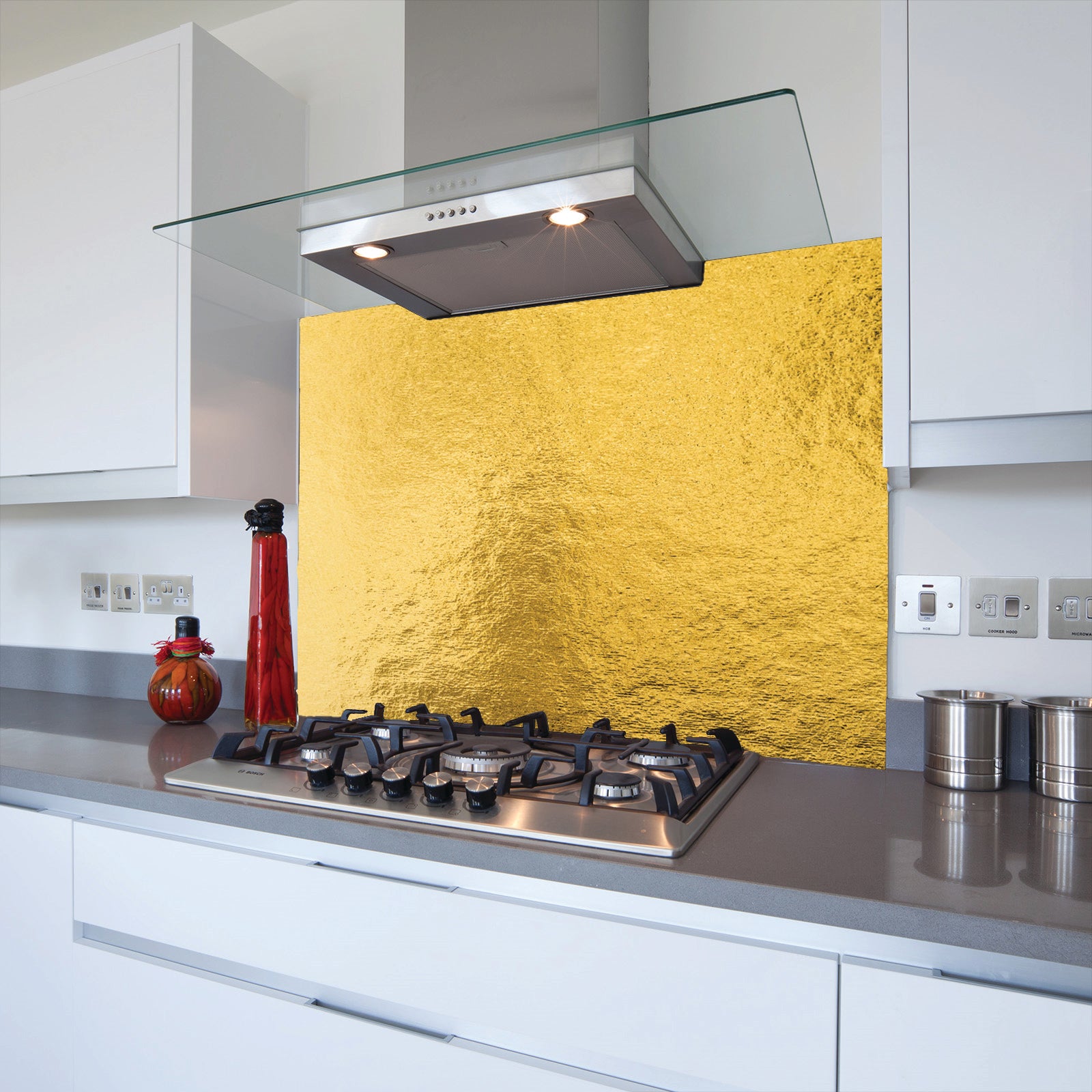 Gold Foil Toughened Glass Kitchen Splashback - Adhesive Included